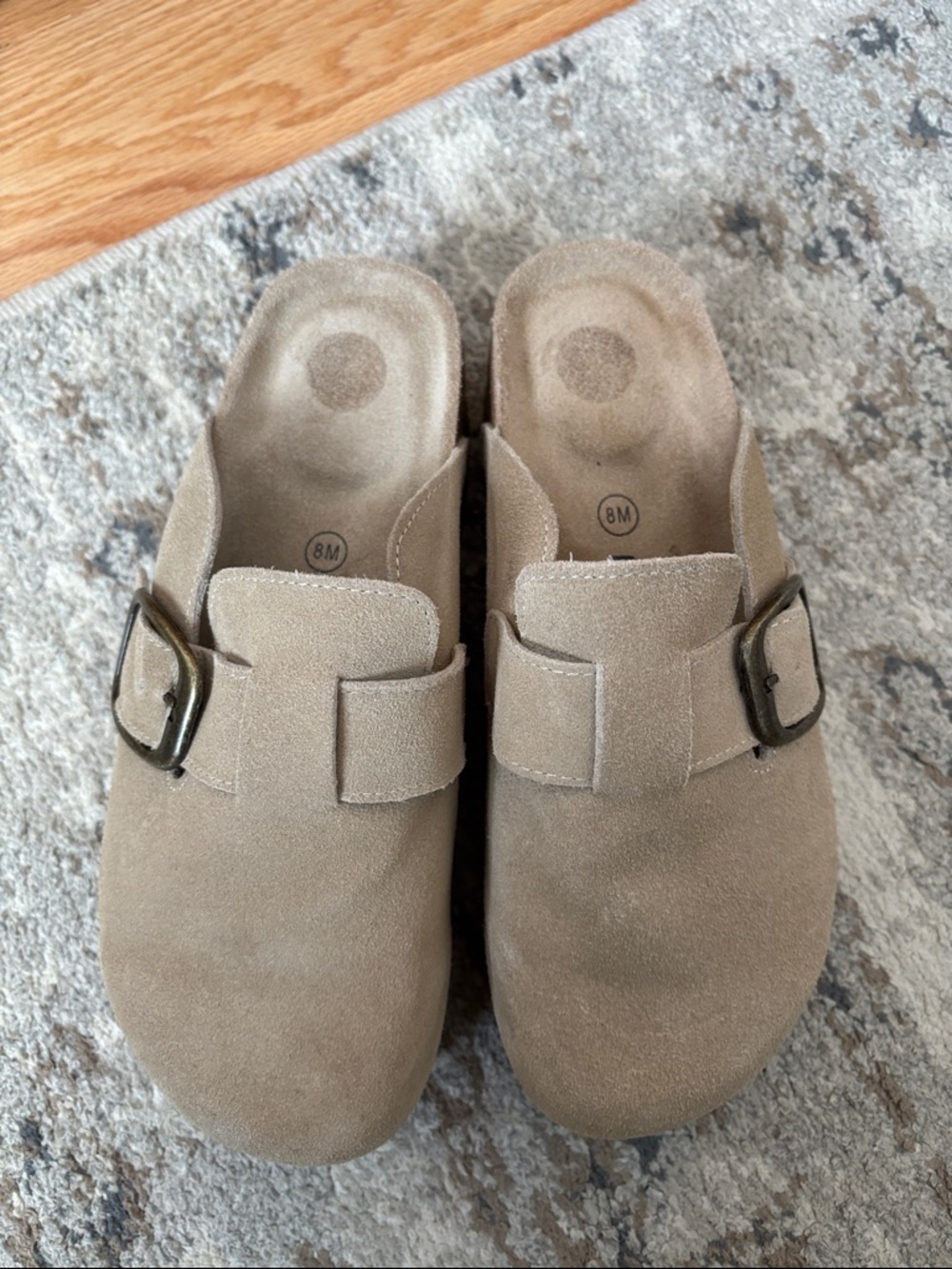 Women's Suede Slip-On Clog Mules with Adjustable Buckle in Taupe
